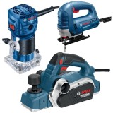 Bosch GHO 26-82 D + GST 8000 E + GKF 550 - Rindea electrica 710 W 82 mm + Fierastrau pendular 710 W + Masina de frezat 550 W 6 mm