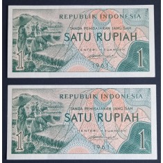 Indonesia, 2 X 1 Rupiah 1961, UNC, Consecutive.