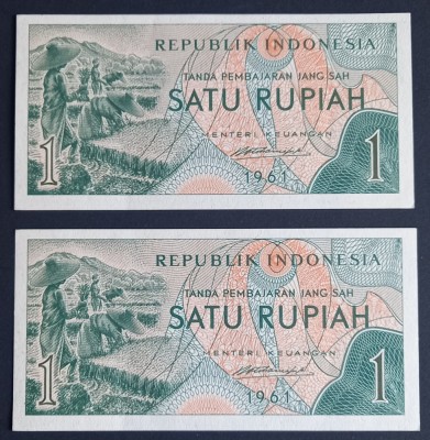 Indonesia, 2 X 1 Rupiah 1961, UNC, Consecutive. foto