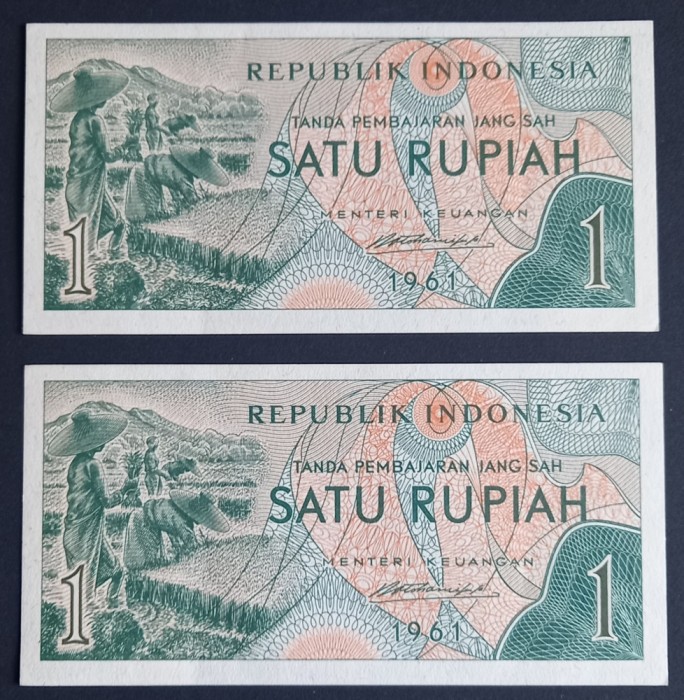 Indonesia, 2 X 1 Rupiah 1961, UNC, Consecutive.