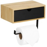 Suport hartie igienica din otel cu sertar depozitare, sistem montare inclus, 22cm, negru bej Household NewTrend