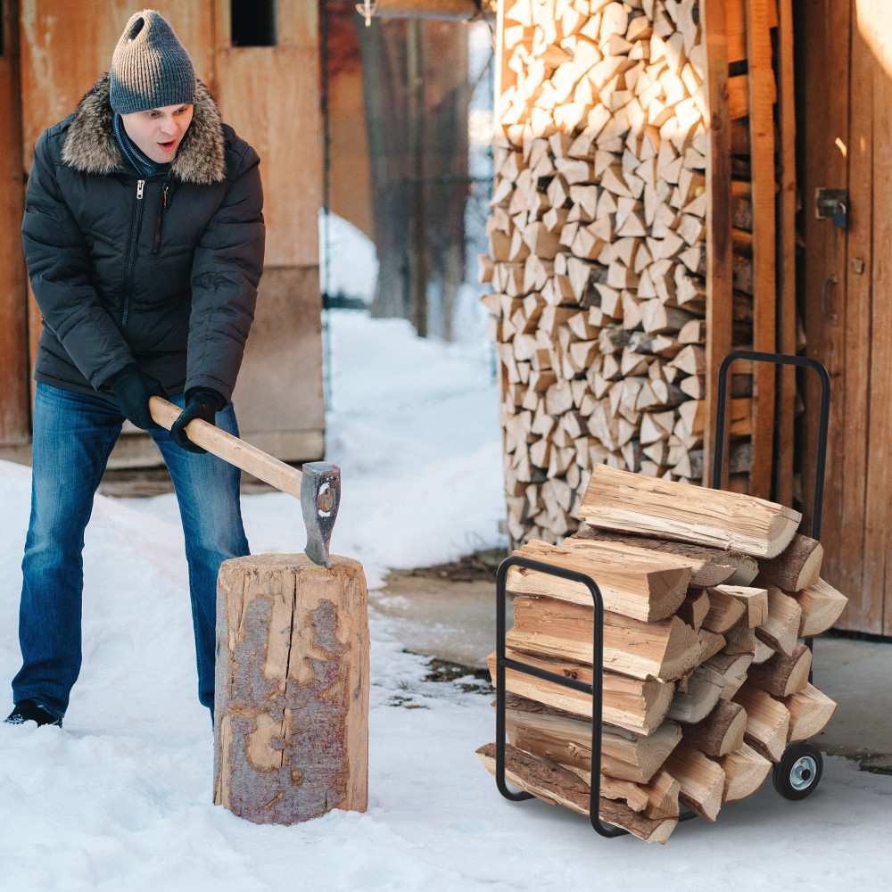 Outsunny Suport pentru lemne de foc Suport lemne cu 2 roti carucior din  metal, negru, 56x40x90.5cm | Aosom Ro | Okazii.ro