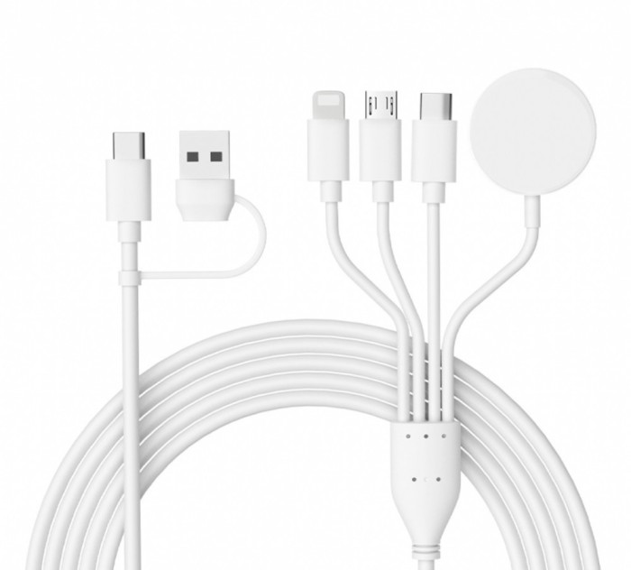 Cablu ambrasmart 4 in 2, Alb, Pentru incarcare si transfer de date, Compatibil Apple si Android, Type C, USB C/A, Micro USB, iOS, i-Watch