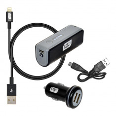 Set incarcare telefon Carpoint Deluxe , incarcator bricheta cu 2 iesiri USB, cablu cu cablu conector hibrid MicroUSB MFi Dock 8pin si acumulator exter foto