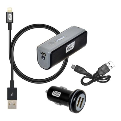 Set incarcare telefon Carpoint Deluxe , incarcator bricheta cu 2 iesiri USB, cablu cu cablu conector hibrid MicroUSB MFi Dock 8pin si acumulator exte foto