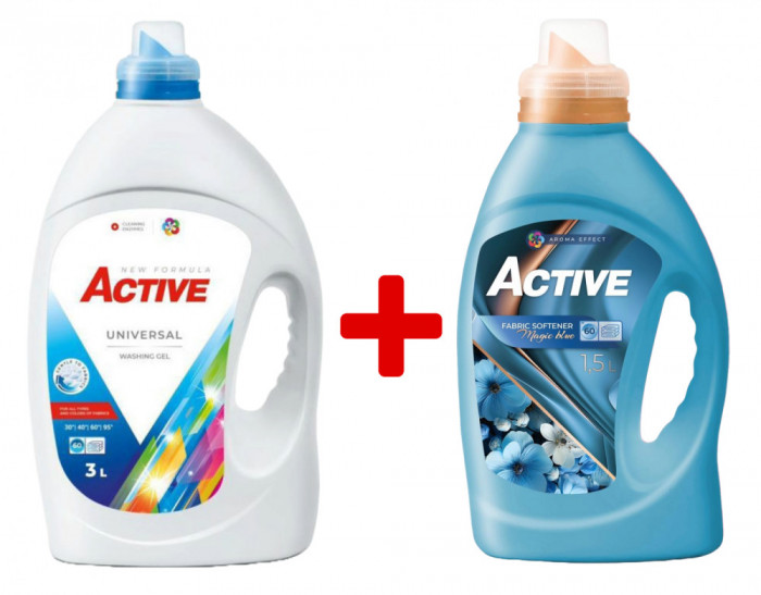 Detergent Universal de rufe lichid Active, 3 litri, 60 spalari + Balsam de rufe Active Magic Blue, 1.5 litri, 60 spalari