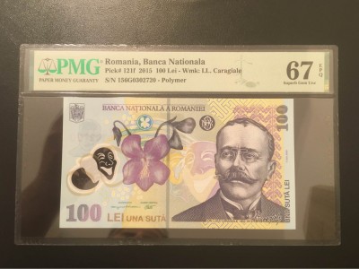 Romania 100 lei 2015 pick 121f grad 67 pmg foto