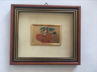 Tablou cu cromolitografie pe placuta metalica tenis tenisman, rama lemn, Italia foto