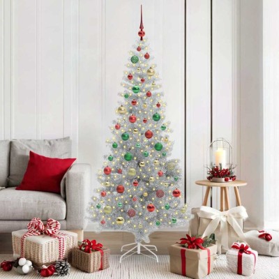 vidaXL Brad de Crăciun cu 300 LED cu suport Argintiu 180 cm PET 3396682 foto