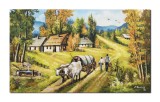 Cumpara ieftin Tablou peisaj rural pictat manual, Car cu boi langa izvor, 100x60cm ulei pe panza Constantin Feraru