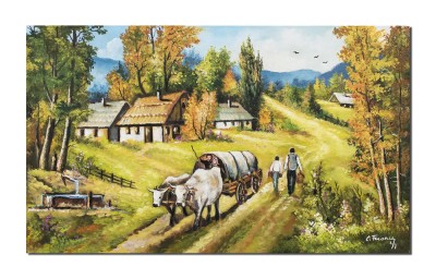 Tablou peisaj rural pictat manual, Car cu boi langa izvor, 100x60cm ulei pe panza Constantin Feraru foto
