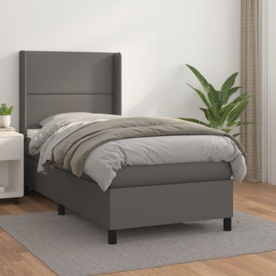 vidaXL Pat box spring cu saltea, gri, 100x200 cm, piele ecologică foto