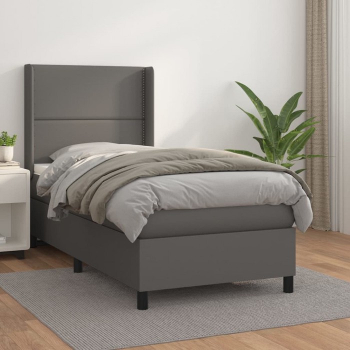 vidaXL Pat box spring cu saltea, gri, 90x190 cm, piele ecologică 3132415