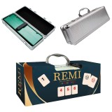 Remi ROBENTOYS in cutie aluminiu, 106 piese, 4 table joc, piese mari, +7 ani. Joc de societate clasic, strategie si noroc, familie/prieteni