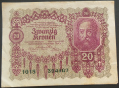 Bancnota ISTORICA 20 COROANE - AUSTRO-UNGARIA (AUSTRIA), anul 1922 *cod 744 B foto