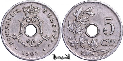 1902, 5 Centimes - Leopold al II-lea - Regatul Belgiei - inscripție olandeză foto