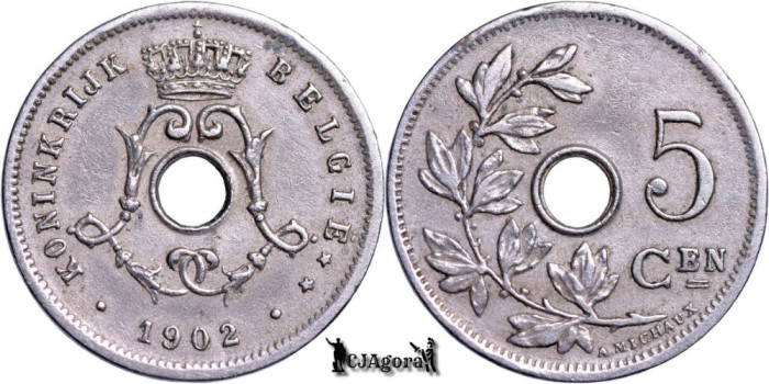 1902, 5 Centimes - Leopold al II-lea - Regatul Belgiei - inscripție olandeză