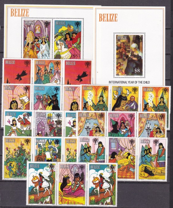 Belize 1980 povesti anul int. al copiilor MI 518-525 (perechi cu vignieta) + 2 bl. 23,24 MNH