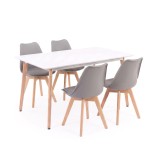 Set Sufragerie Leziter Silla 150 4+1 Alb-Gri Masa 150x90x75cm Scaune Polipropilena Lemn