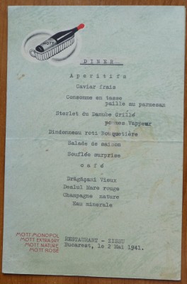 Meniu Restaurant Zissu Bucuresti , Dineu , 2 Mai 1941 foto