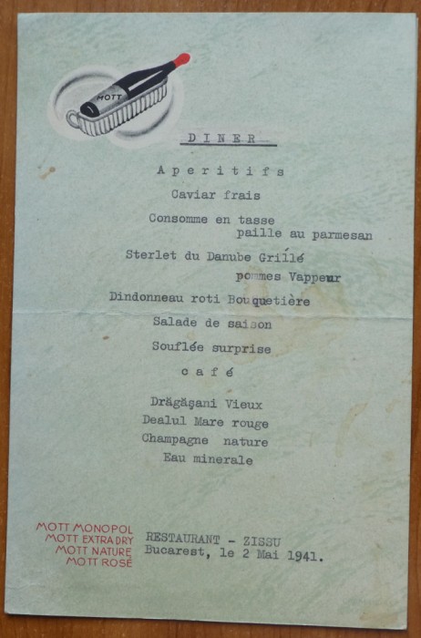 Meniu Restaurant Zissu Bucuresti , Dineu , 2 Mai 1941