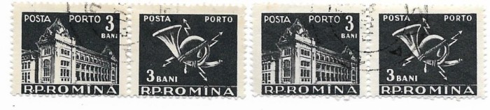 Porto duble - Palatul P.T.T. si Goarna, 1957, 3 B x2, obliterate