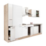 Mobilier bucatarie modulara Yorki 310 Leziter - latime 300cm, stejar Sonoma, alb satinat, blat 28mm, cu rafturi