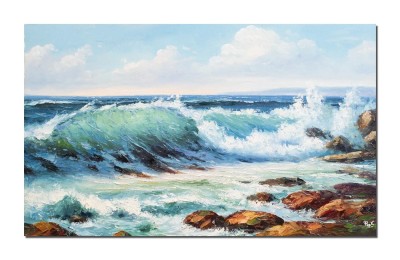 Tablou 3D peisaj marin pictat manual, O zi superba la malul marii, 100x60cm ulei pe panza, Valentin Pop foto