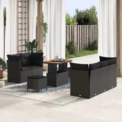 Set de sofa de gradina Gossi cu 8 piese si perne negru poliratan acacia, set de dining de gradina Gossi cu 3 piese si perne negru poliratan acacia foto