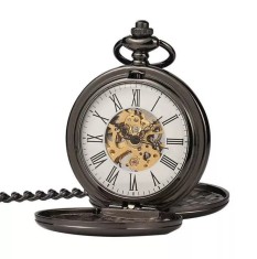 Ceas de buzunar MBrands skeleton cu deschidere dubla , mecanic Negru
