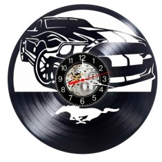 Ceas de perete decorativ realizat din disc de vinil, Model Ford Mustang Muscle Car, Cal Galop, Negru, 30 cm