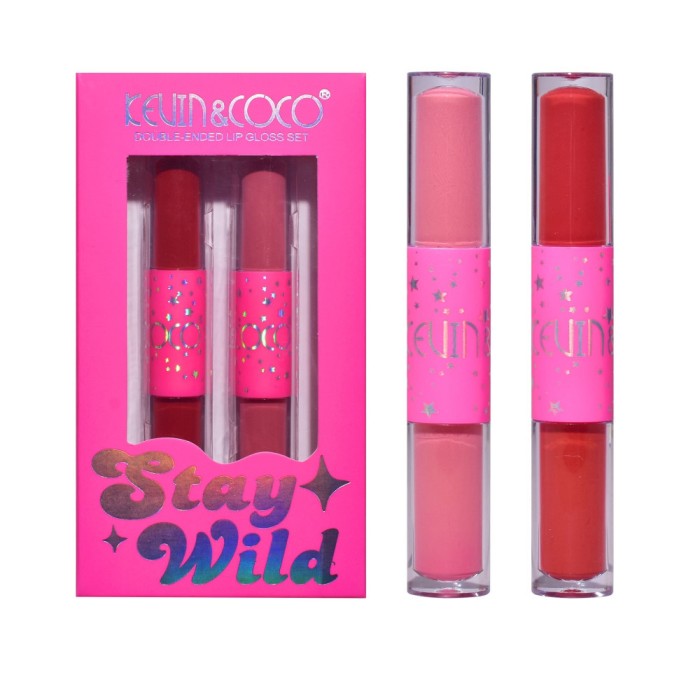Set de Buze, KEVIN &amp; COCO, Stay Wild 4 Culori, 2 Gloss-uri si 2 Rujuri Mate, 15.1 x 8.1 x 2cm, Roz/Rosu