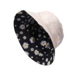 Palarie Bucket cu 2 fete, 2 in 1, Reversibila brodata, model floral, casual - Crem - Negru