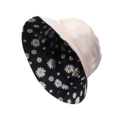 Palarie Bucket cu 2 fete, 2 in 1, Reversibila brodata, model floral, casual - Crem - Negru foto