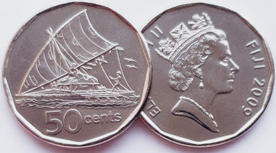 1738 Fiji 50 cents 2009 Elizabeth II Sailing canoe - Takia km 122 UNC foto