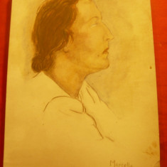 Acuarela - Portret femeie , semnat Marcella , dim.= 17x23cm