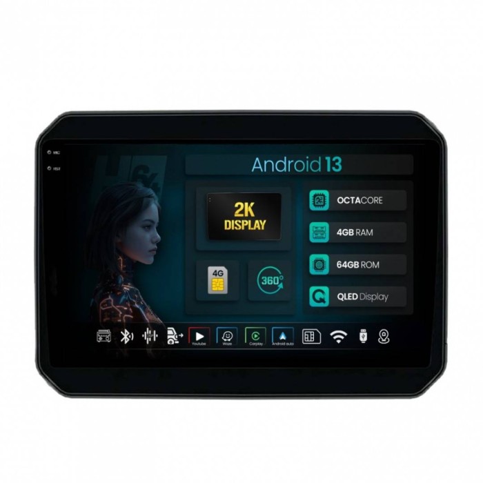 Navigatie 2K Suzuki Ignis (2016+) 4GB RAM Android 13 Octacore Slot Sim 4G DSP GPS Wi-FI Carplay Android Auto USB Bluetooth Waze Touchscreen 9.5 Inch