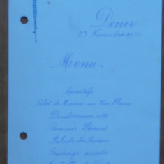 Meniu Restaurant Cina din Bucuresti , scris de mana , 23 Nov. 1935 , autograf