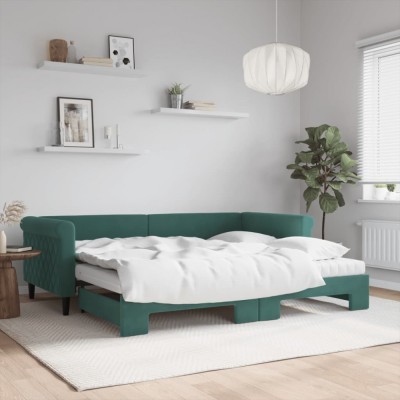 vidaXL Pat de zi cu extensie și saltele verde &amp;icirc;nchis 90x200 cm catifea 3197797 foto