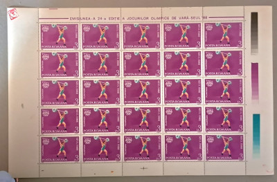 TIMBRE ROMANIA LP1208/1988 J.O. SEUL -Coala 25 timbre VAL. 3 LEI-MNH foto