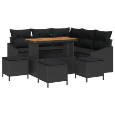 Set 9 piese canapea gradina cu perne Negru Poliratan Acacia, Canapea gradina 2 persoane cu depozitare ?i perne Negru Poliratan, Set dining gradina 4 p foto