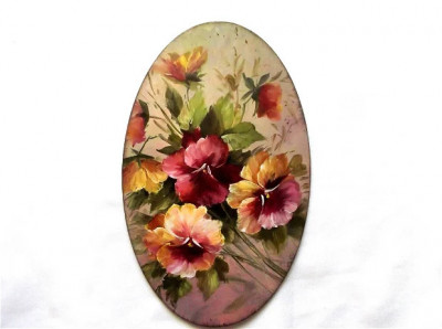 Tablou cu flori , tablou oval pe lemn 40624 foto