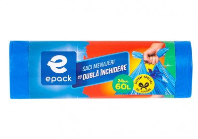 Saci Menajeri HDPE Cu Dubla Inchidere Albastru Epack, 60L, 24 Buc foto