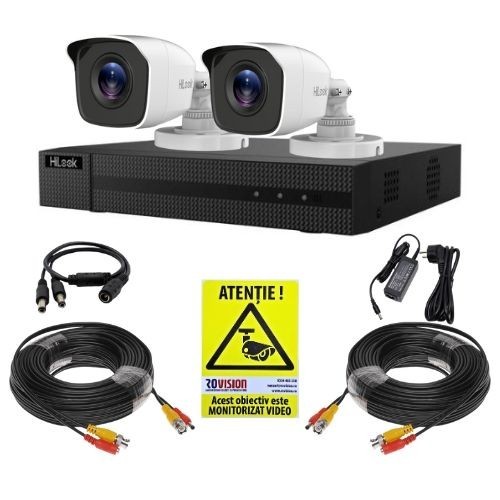 Kit supraveghere cu dectectie om/vehicul Hikvision Hilook, 2 camere 5MP, IR 20m, DVR 4 canale, Accesorii montaj, Vizualizare de pe mobil SafetyGuard S