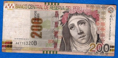 (1) BANCNOTA PERU - 200 NUEVOS SOLES 2012 (22 MARTIE), VALOARE NOMINALA MARE foto