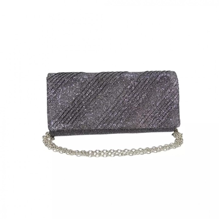 Geanta plic seara, gri, 20 x 10 cm, model dungi oblice in relief cu sclipici, Magrot 24026