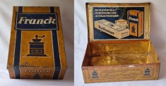 cutie &amp; reclama pentru cafea - FRANCK Heinrich Sohne - S.A.R Bucuresti, cutia este veche, din tabla litografiata, perioada interbelica, anii 1930