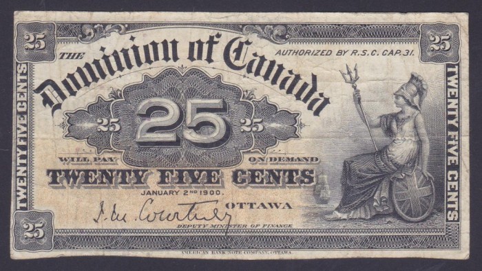 Bancnota Canada 25 Centi 1900 - P9a VF ( vezi descriere )