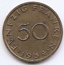 Saarland 50 Franken 1954 - Bronz aluminiu, 27mm, KM-3 (1) foto