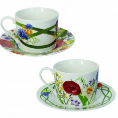 Set 2 cesti cu farfurie pentru ceai Fiori Di Campo, Brandani, 150 ml, portelan New Bone China